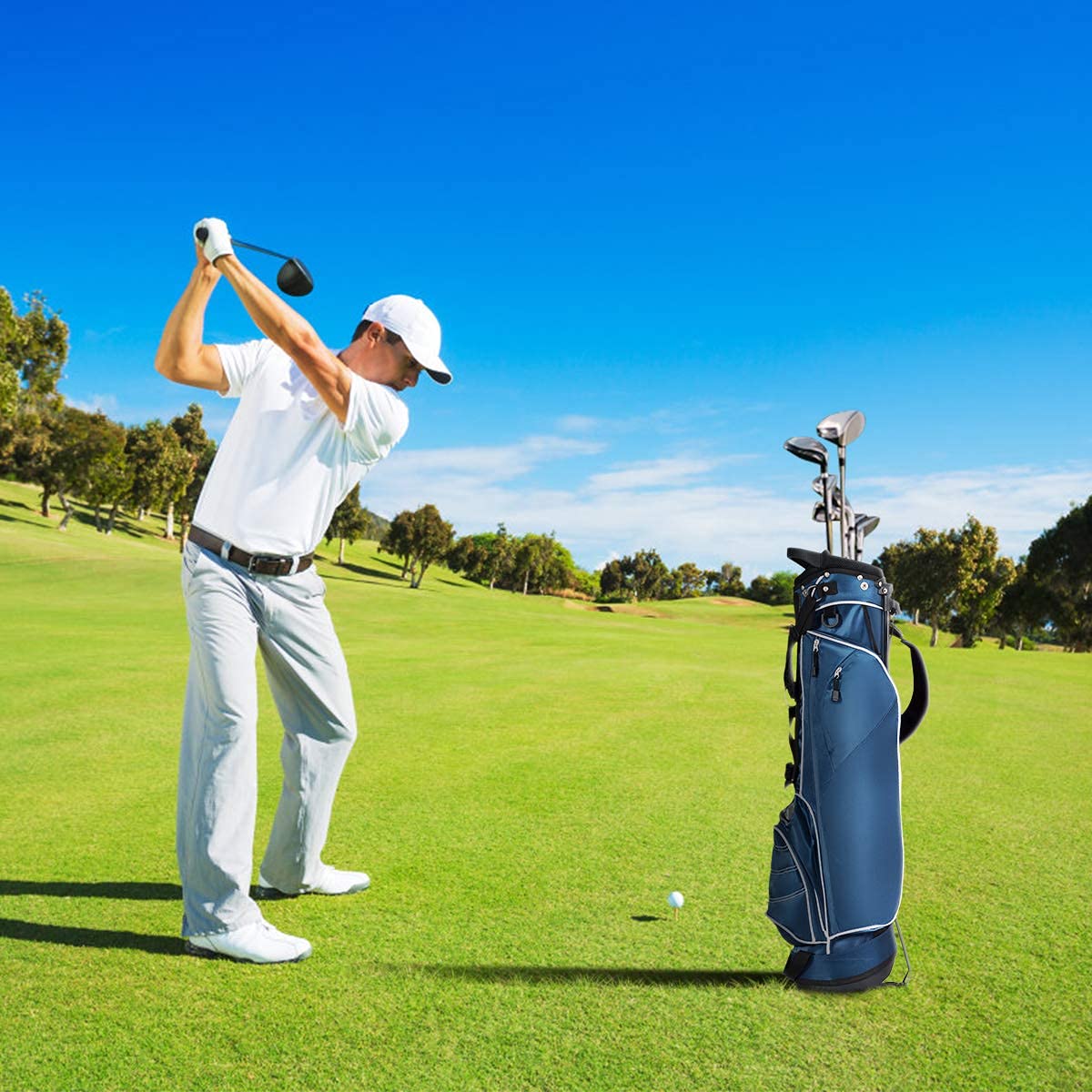 Salches Golf Stand Bag, Portable Golf Bag w/3 Way Dividers & 4 Pockets, Organized Stand Bag for Easy Storage (Blue)