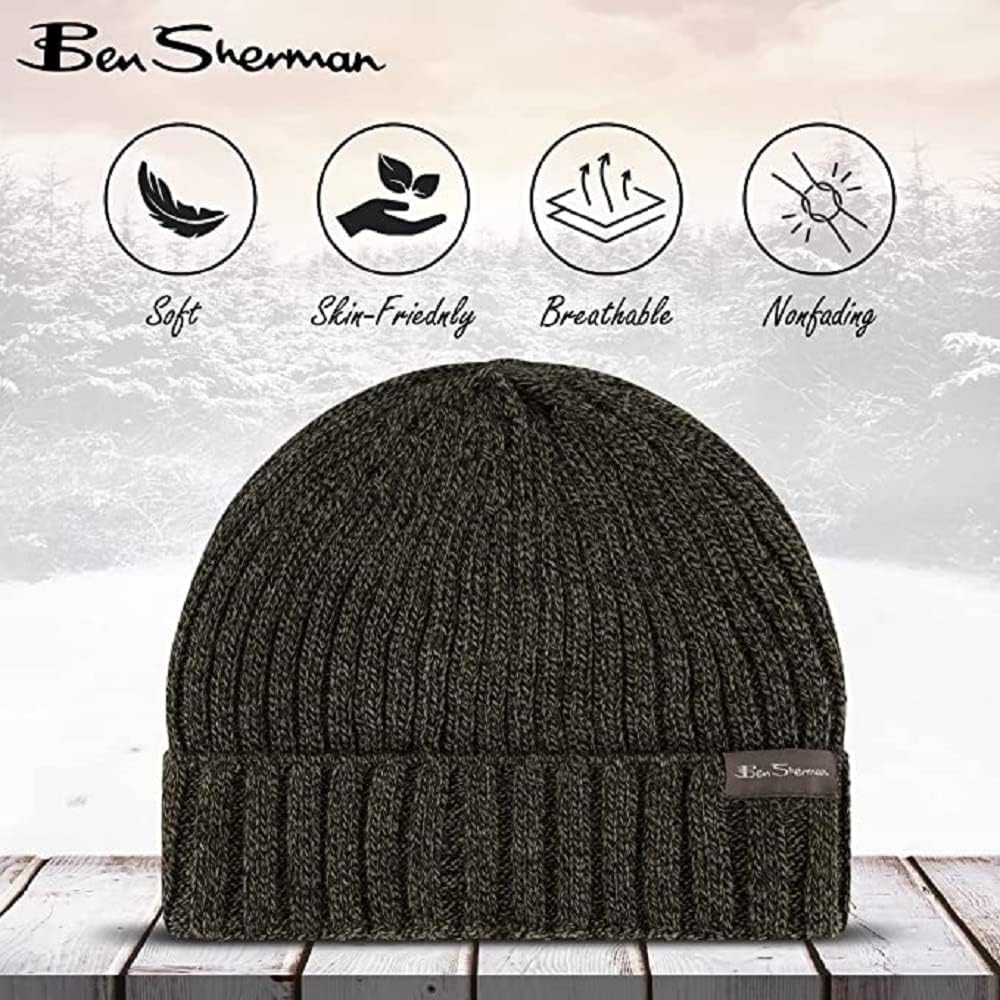 Ben Sherman Rib Knitted Mens Hats - 1-Pack Cuffed Winter Hat with Fur Lining - Warm Plush Lined Beanie Hat, Navy