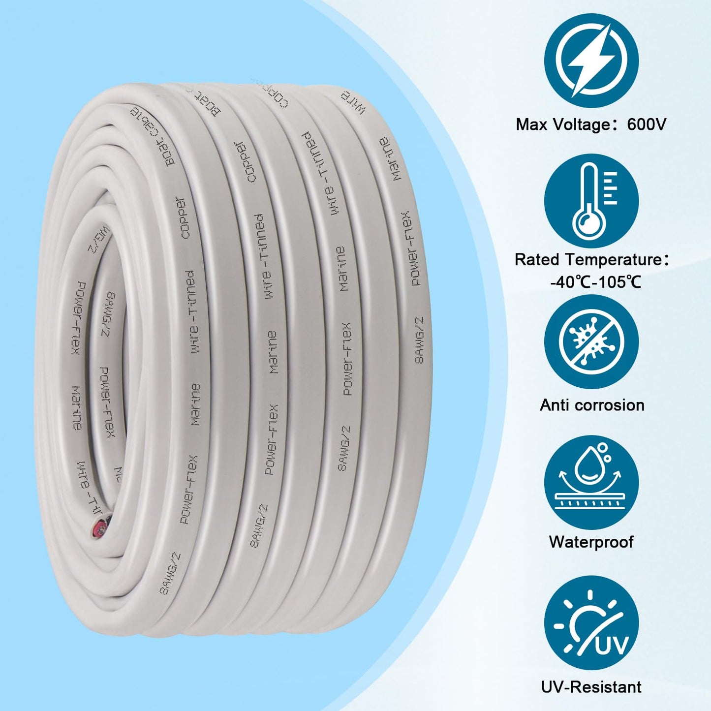 8 Gauge Marine Wire, 25FT 8 AWG Tinned Copper Oxygen-Free Boat Cable Duplex, Waterproof & Corrosion Resistant for Automotive, RV, Solar, LED, Outdoor Use