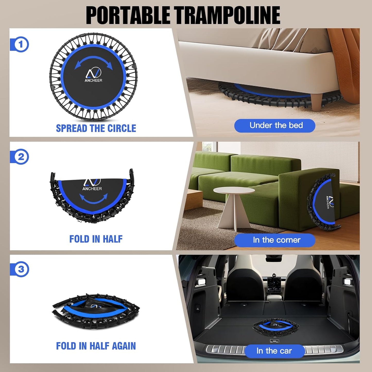 40" Mini Rebounder Trampoline for Adults & Kids - Adjustable Foam Handle, 400LBS Capacity | Indoor/Outdoor Fitness