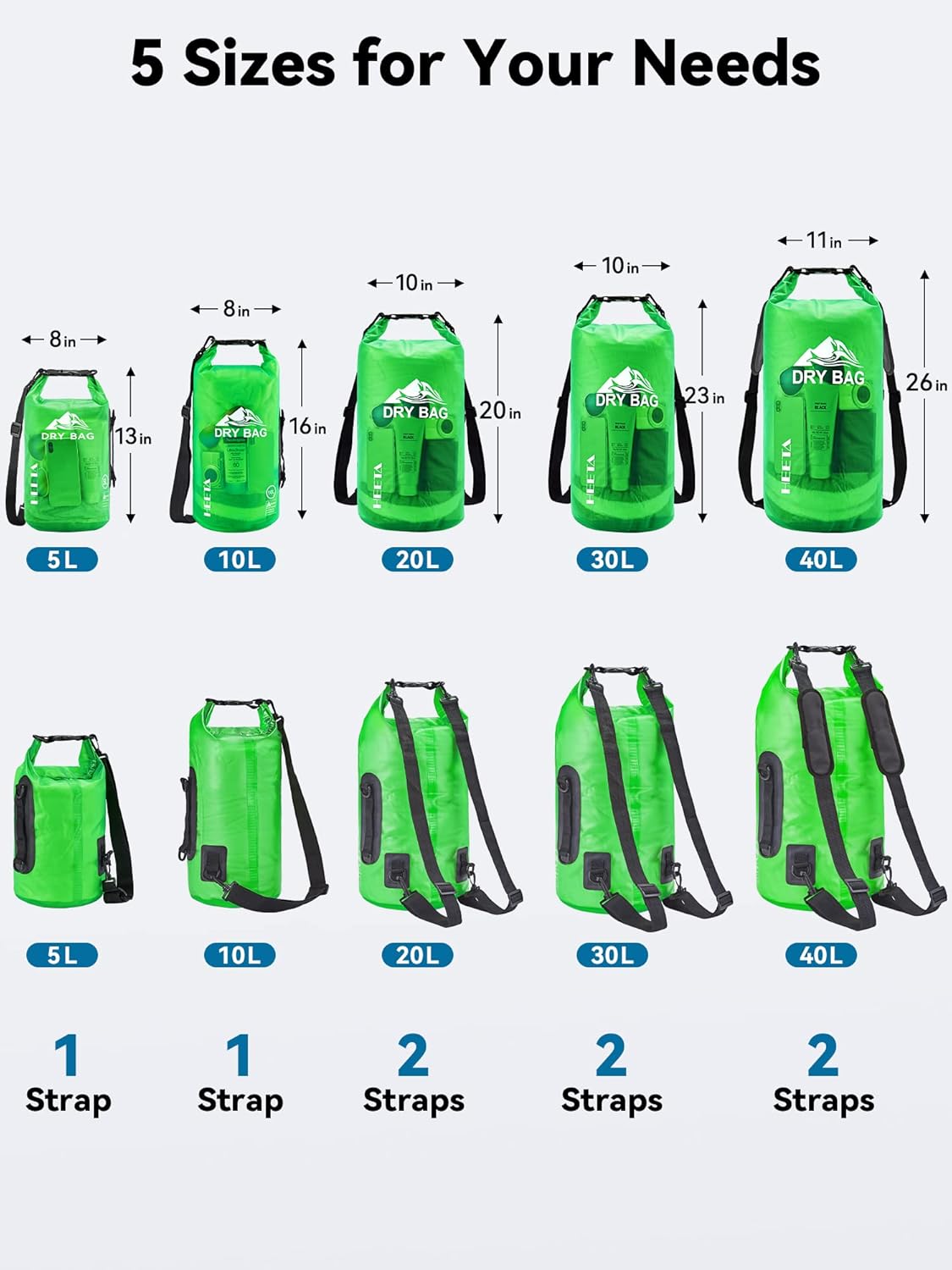 HEETA Waterproof Dry Bag - Lightweight Roll Top Storage for Travel, Swimming & Kayaking | 5L/10L/20L/30L/40L Sizes