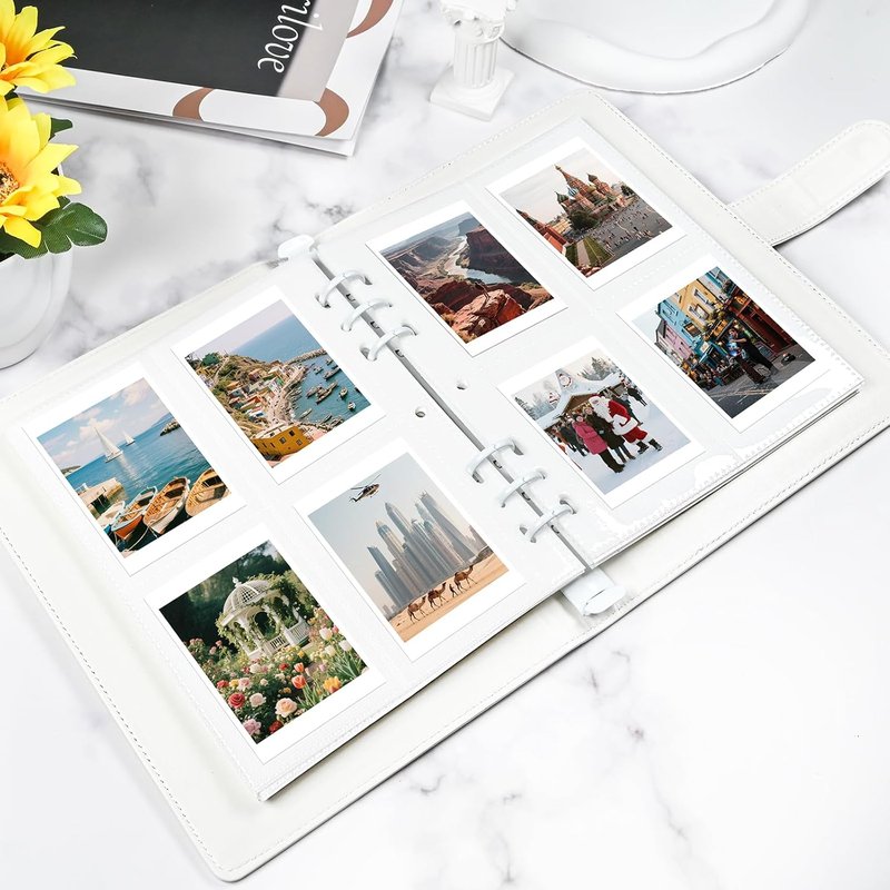 Refillable A5 Photo Album - PU Leather 200 Pocket Binder for Fujifilm Instax Mini & Polaroid Cameras | White