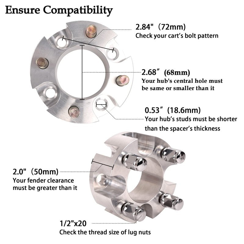 10L0L Golf Cart 2 inch Wheel Spacers for Yamaha, EZGO, Club Car (4x72mm Bolt Pattern, 68mm Hub Bore, 1/2-20 Studs) 4 Pack, Silver