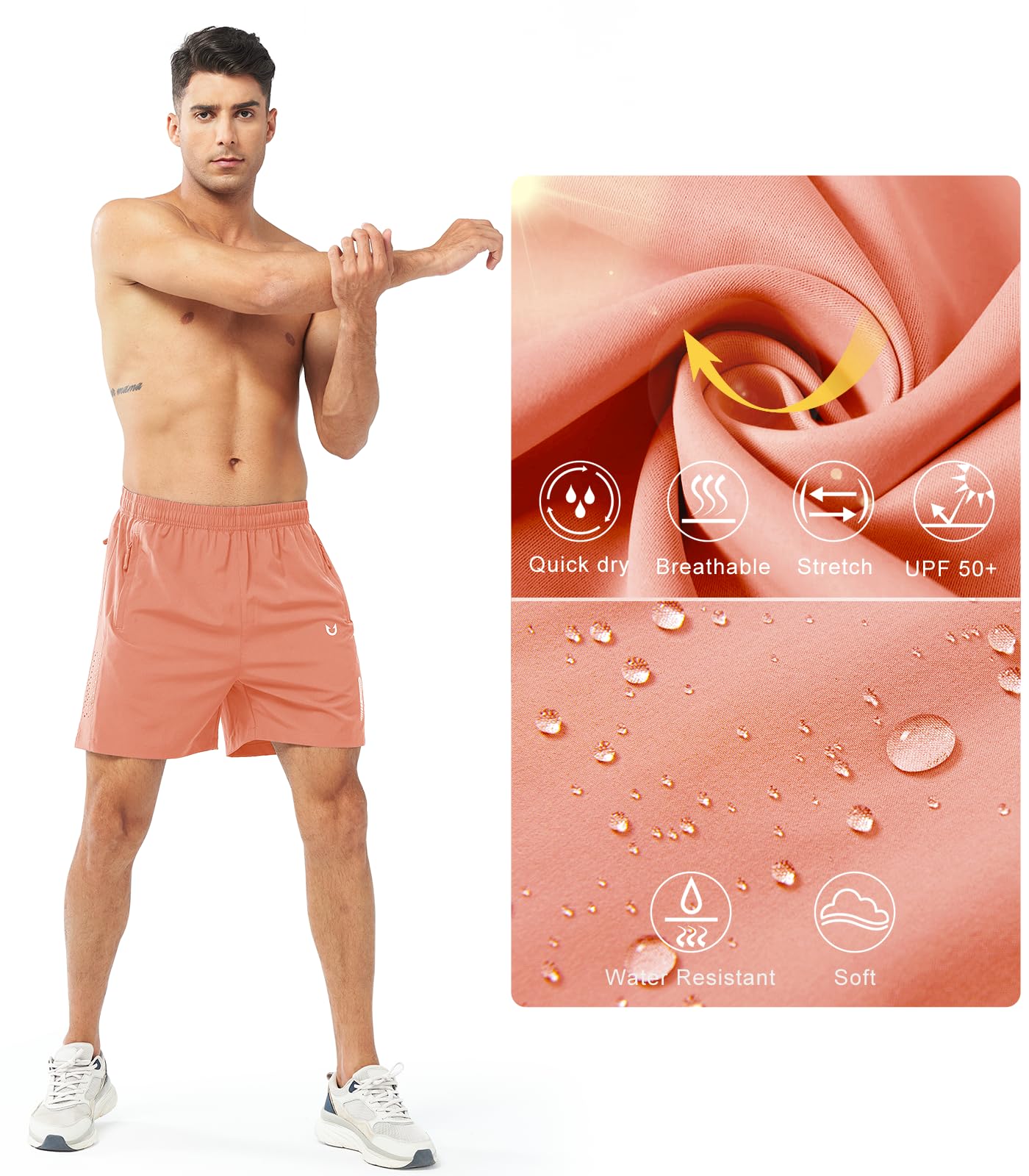 NORTHYARD Men's Athletic Running Shorts Gym Workout 7"/9"/5" Quick Dry Lightweight Sports Basketball Tennis 3 Zipper Pockets PINKORANGE-5inch 3XL
