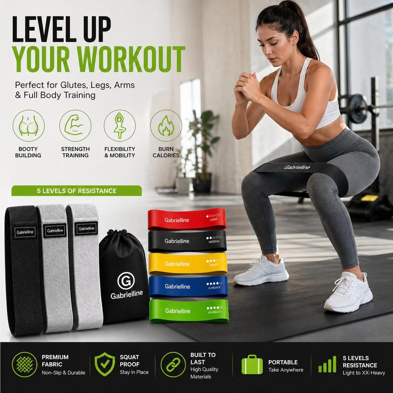 Gabrielline 8-Piece Resistance Bands Set – 5 Latex Bands + 3 Fabric Booty Bands – Full Body Home Workout Kit for Women & Men
