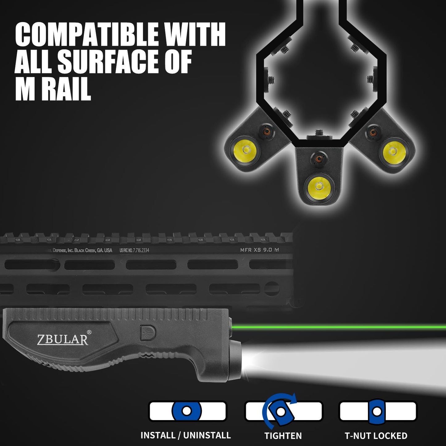 ZBULAR 1650 Lumens Strobe Function,Light Laser Combo Compatible with M-Lok Rail Surface, Tactical Flashlight and Laser Sight,High Real Lumen,USB-C Rechargeable IIIA Class Laser Power Output ≤5mW