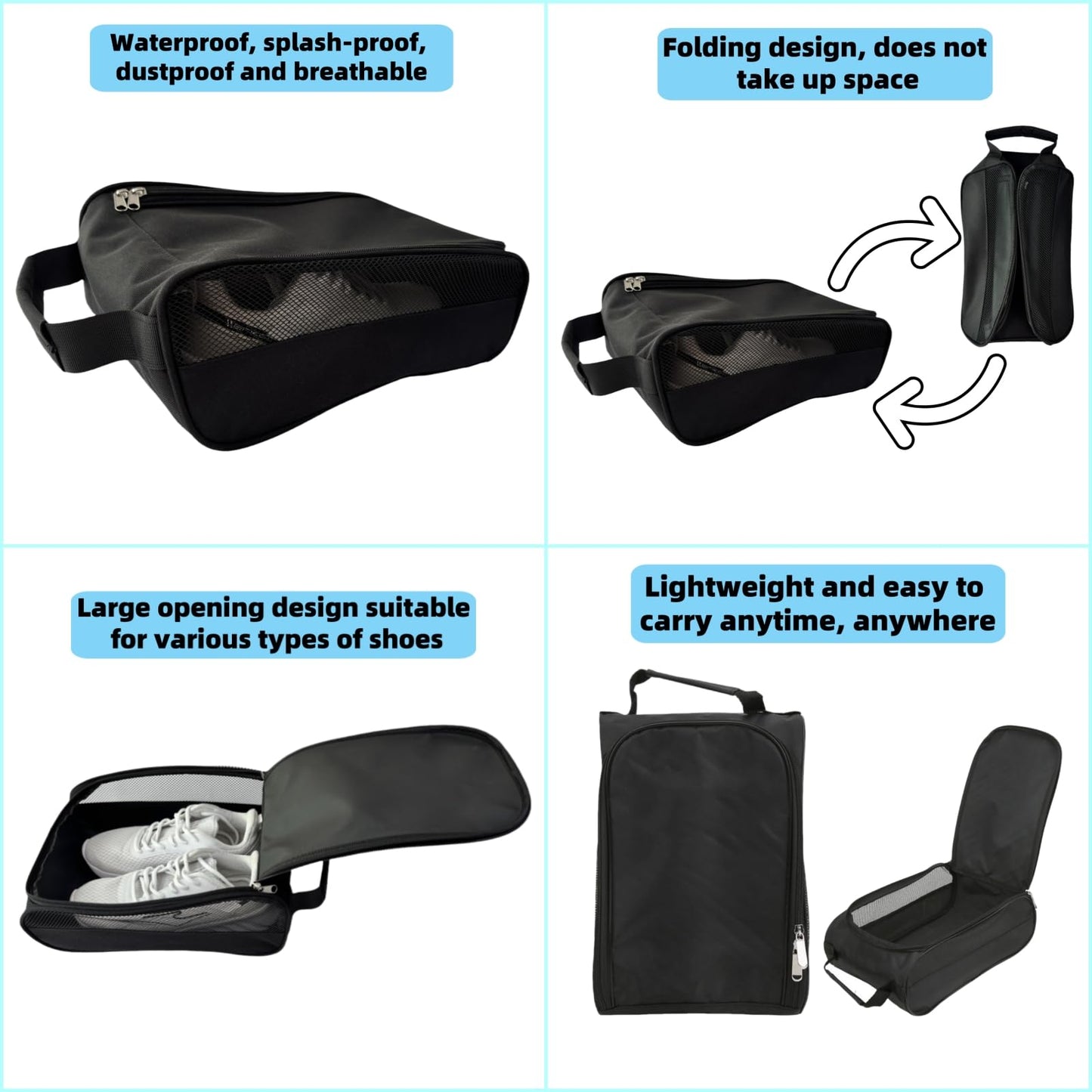 Voyboced Golf Shoe Bag for Men women Travel,Outdoor Zippered Sports Shoe Carrier Tote with Ventilation,Waterproof & Breathable Protective Shoe Storage Pouch for Women (Black)