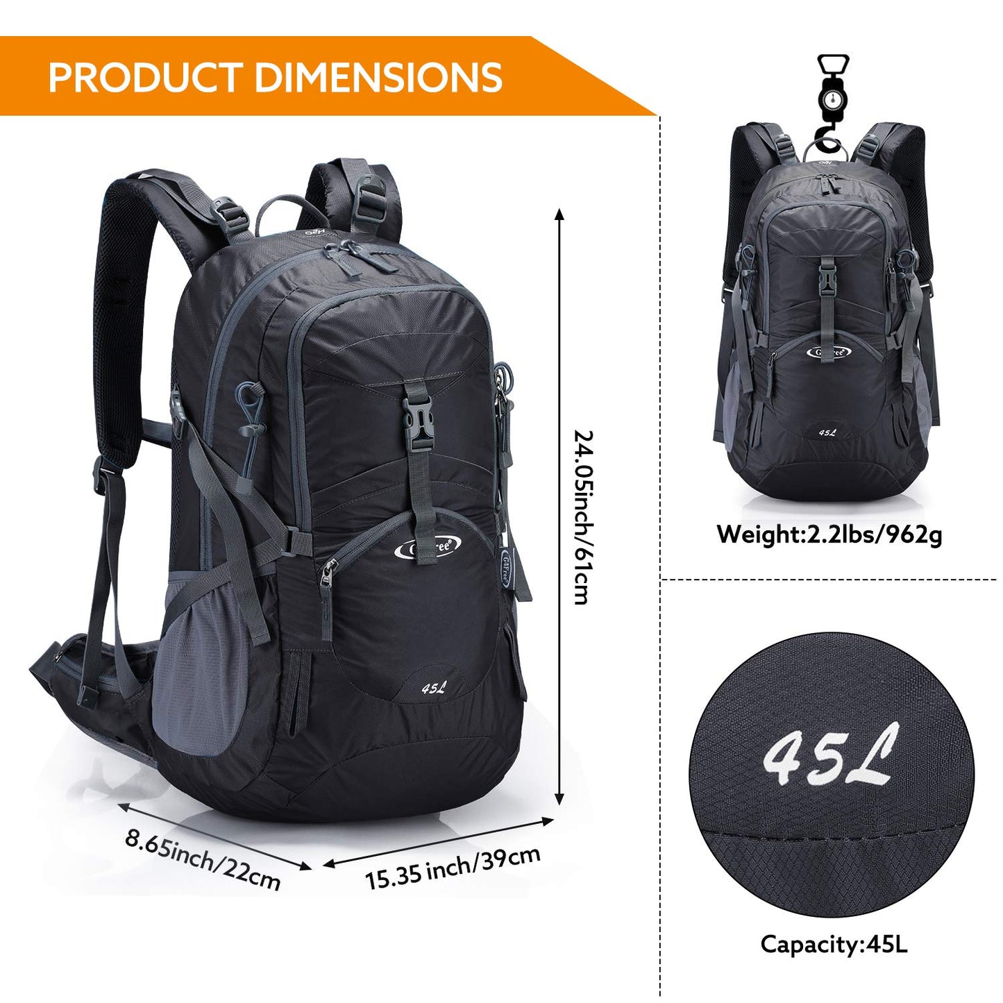 G4Free 45L Hiking Travel Backpack Waterproof with Rain Cover, Outdoor Camping Daypack for Men Women (Black)