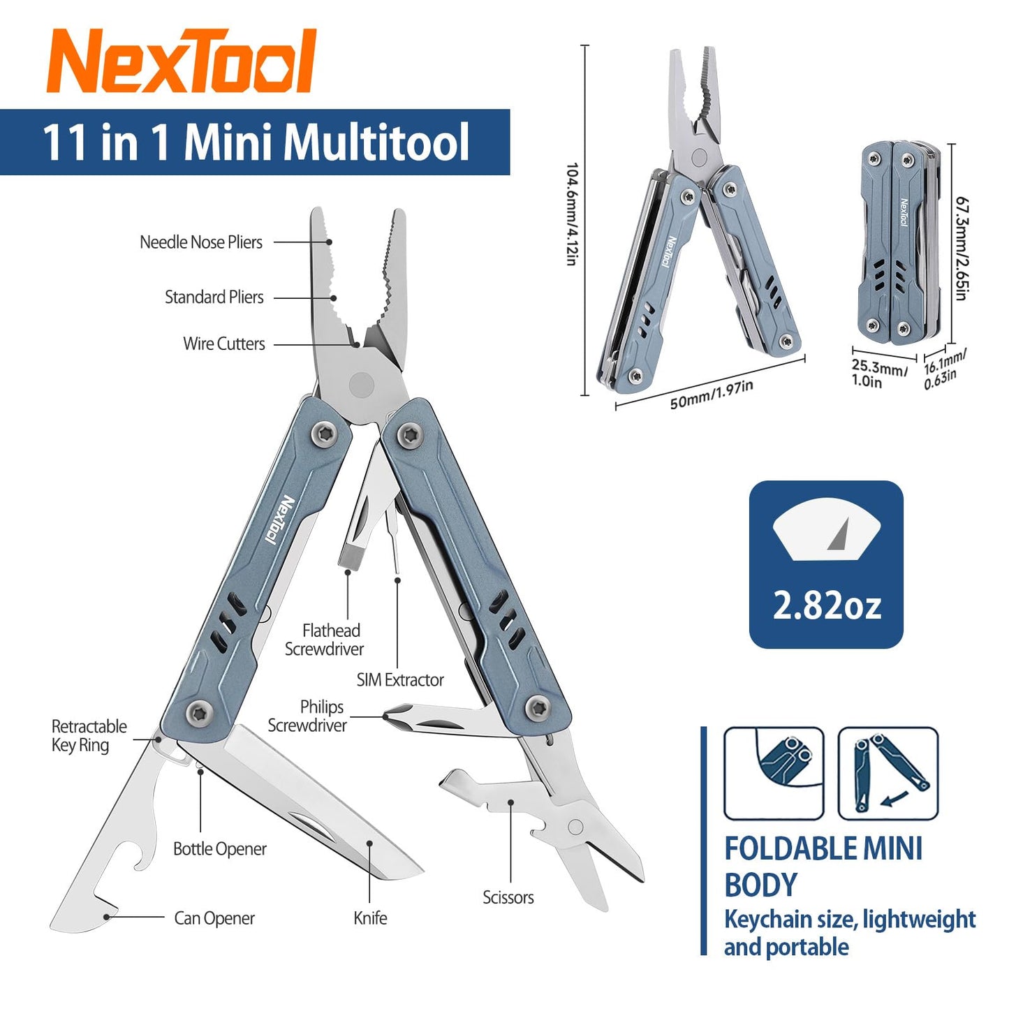 NexTool Mini Sailor S11 Keychain Multitool, 11-in-1 EDC Pliers (Blue)
