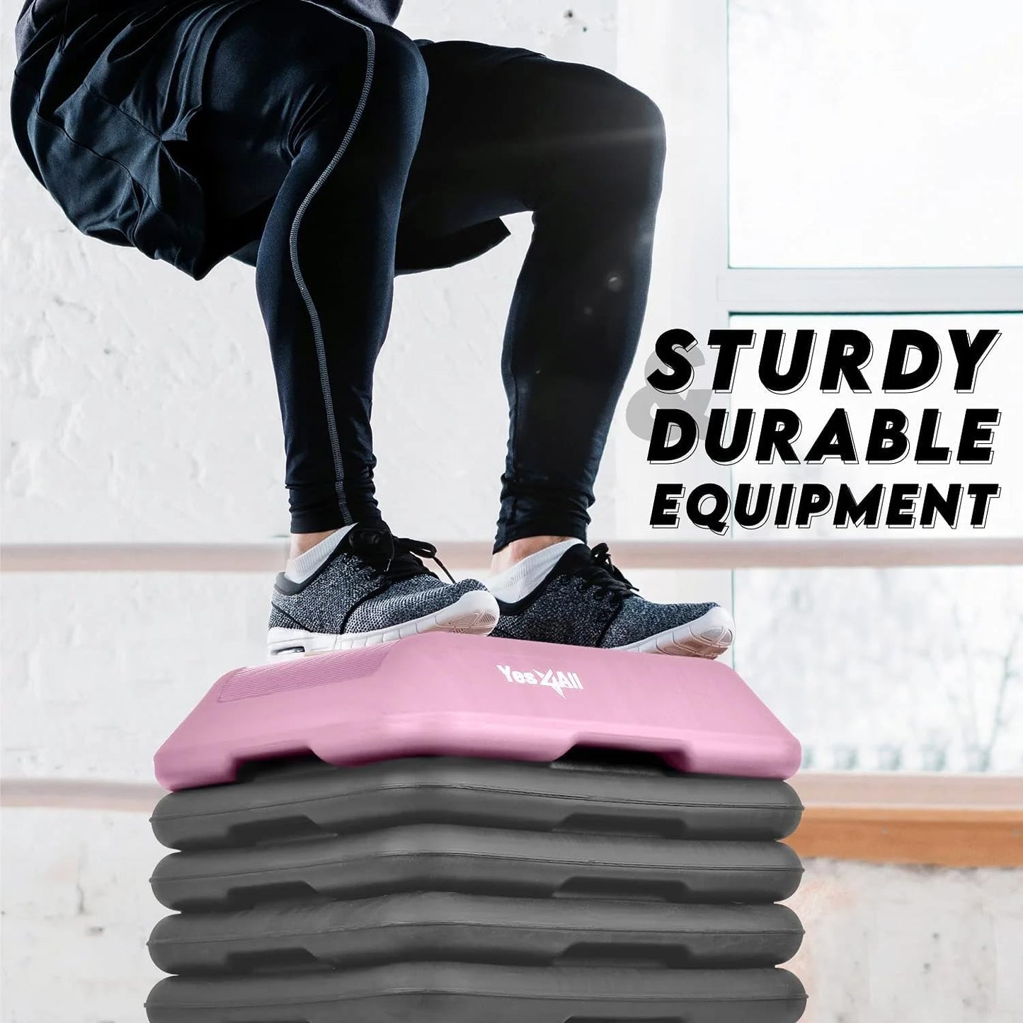 Yes4All 16"x16" Height-Adjustable High Step Aerobic Platform with 4 Risers for Home Gym Exercise Fitness Workout, Cardio and Jumping (Pink Grey)