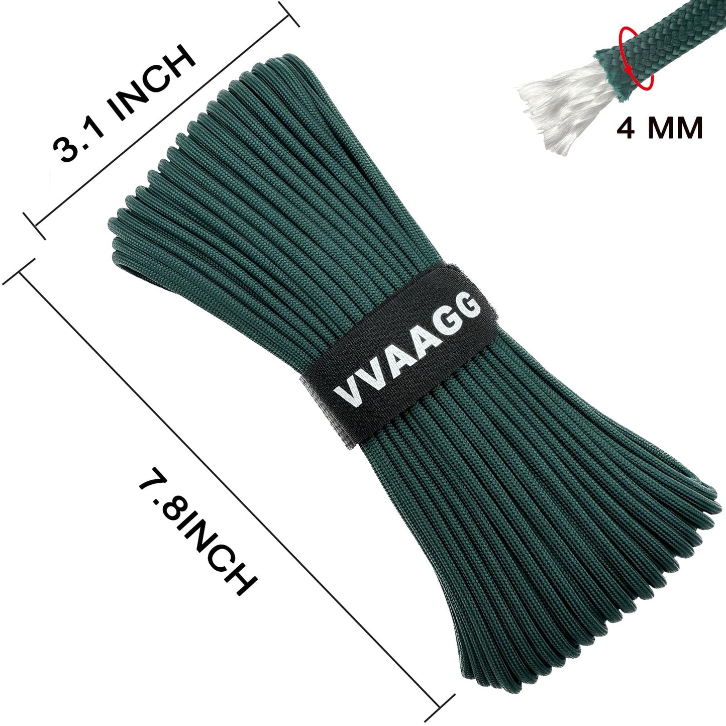 VVAAGG 550 Paracord 100FT 4mm Durable Camping Rope, Tent Rope, Clothsline Rope, Marine Weatherproof Rope, Nylon Parachute Cord Rope (Dark Green)