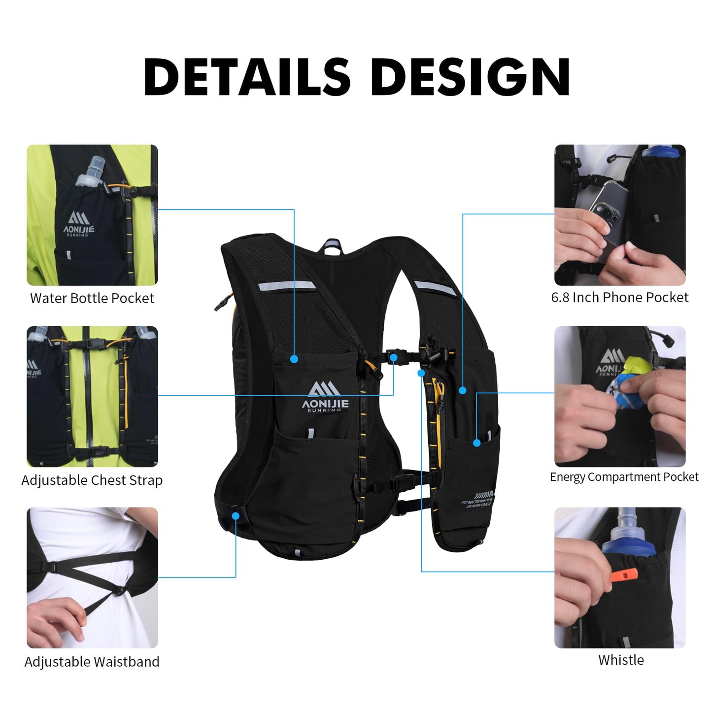 AONIJIE Running Hydration Vest for Men & Women, 8L Hydration Backpack, Multiple Pocket Designs for Water Bottles/Bladders, Lightweight Breathable for Hiking, Climbing, Marathon & Cycling - Black