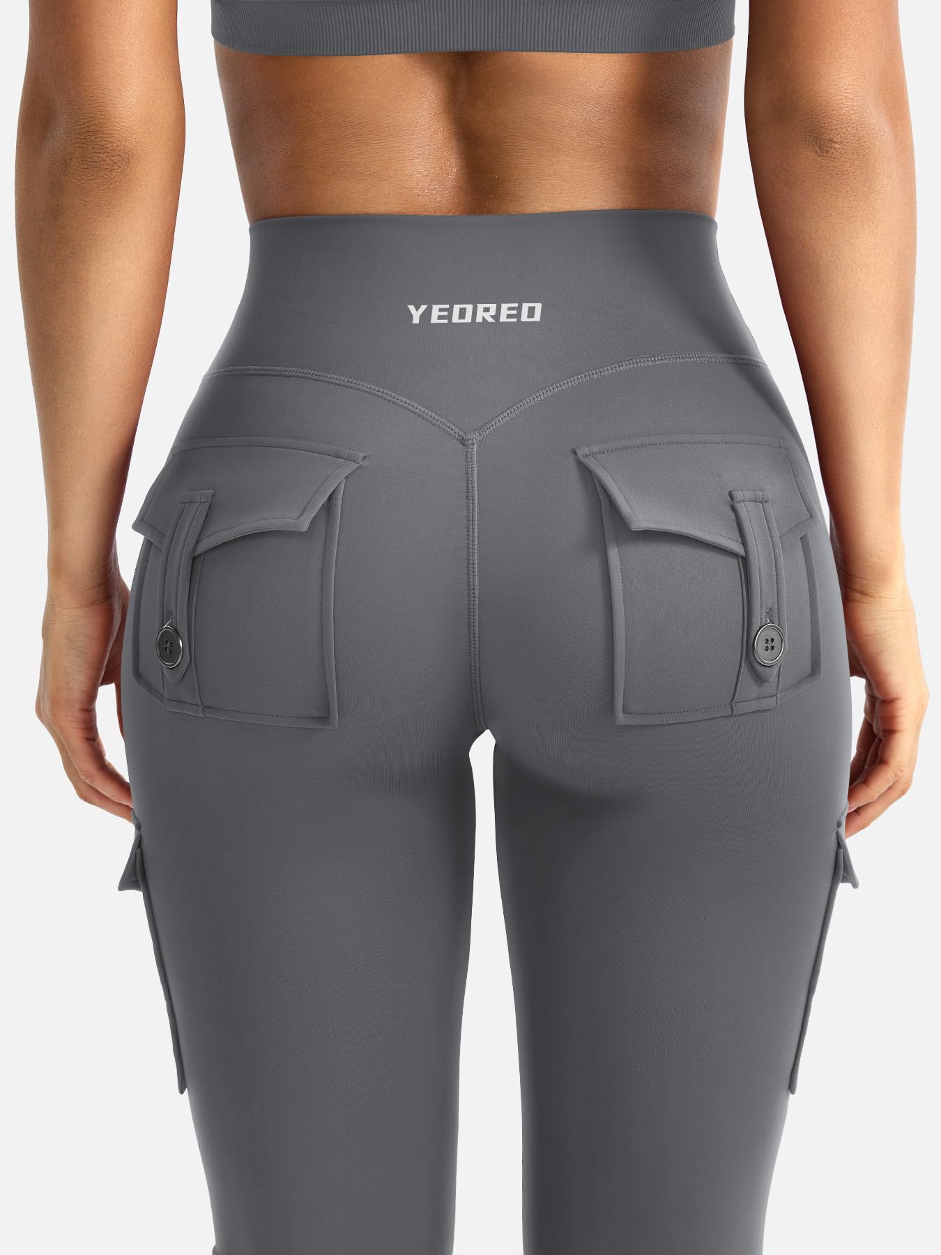 YEOREO CoreFlex Women Workout Flare Leggings with Pockets Hidden Scrunch High Waisted Cargo Gym Yoga No Front Seam Leggings Grey S