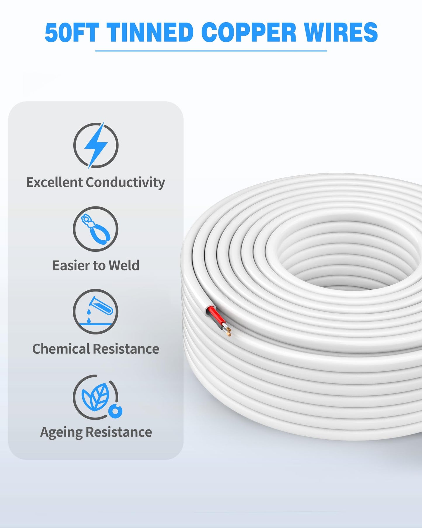 NAOVEO 18 Gauge Wire 2 Conductor Electrical Wire, 18 AWG Stranded PVC Tinned Copper Cable, Flexible/Low Voltage Automotive Wiring for LED Lamps, Marine, Speaker, Appliances (50FT)