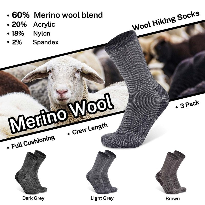 Busy Socks Mens Merino Wool Hiking Crew Athletic Socks Thermal Warm Padded Hiker Socks for Winter Outdoor Work Hiking Camping Walking, Large, 3 Pairs 3 Pairs Light Grey