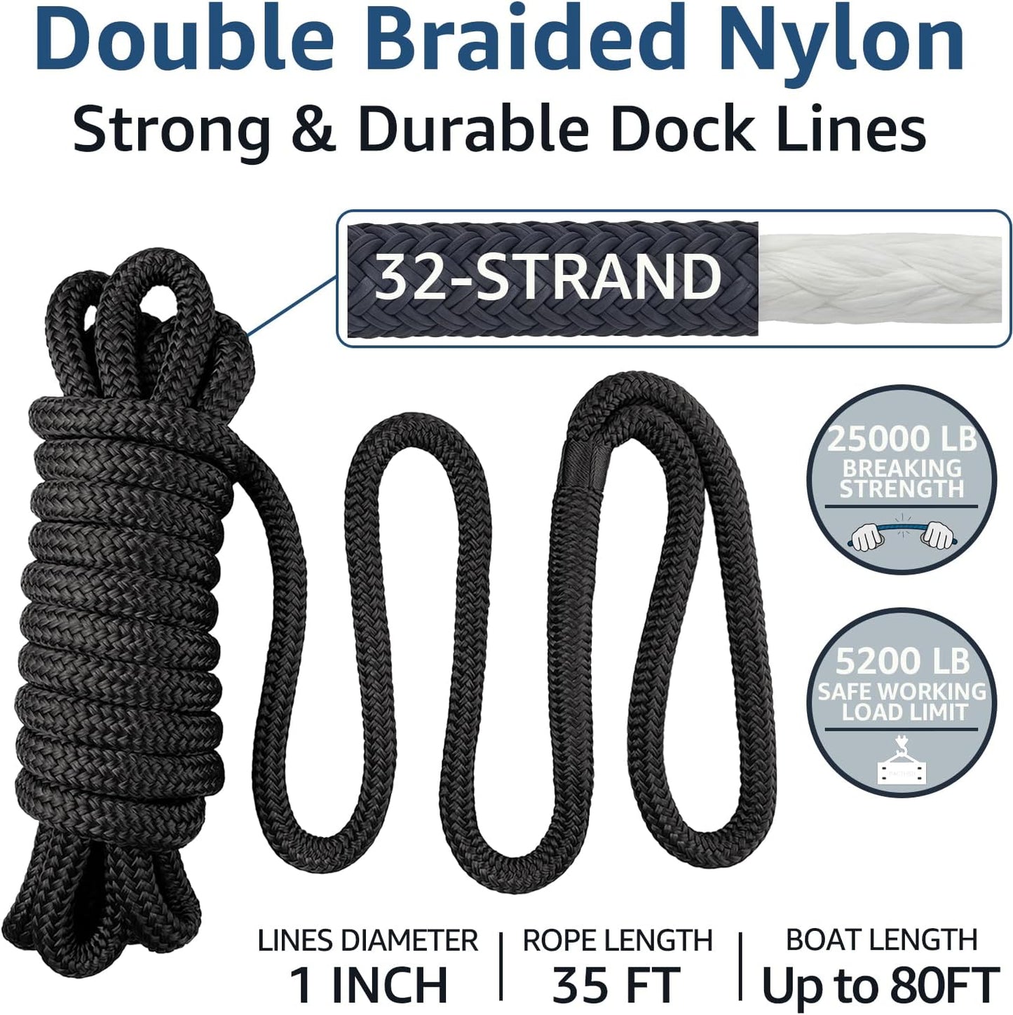Dock Lines - Marine Grade Nylon Boat Rope, 1" x 35' - Heavy Duty, Double Braided, Fray Resistant | Black, 2 Pack