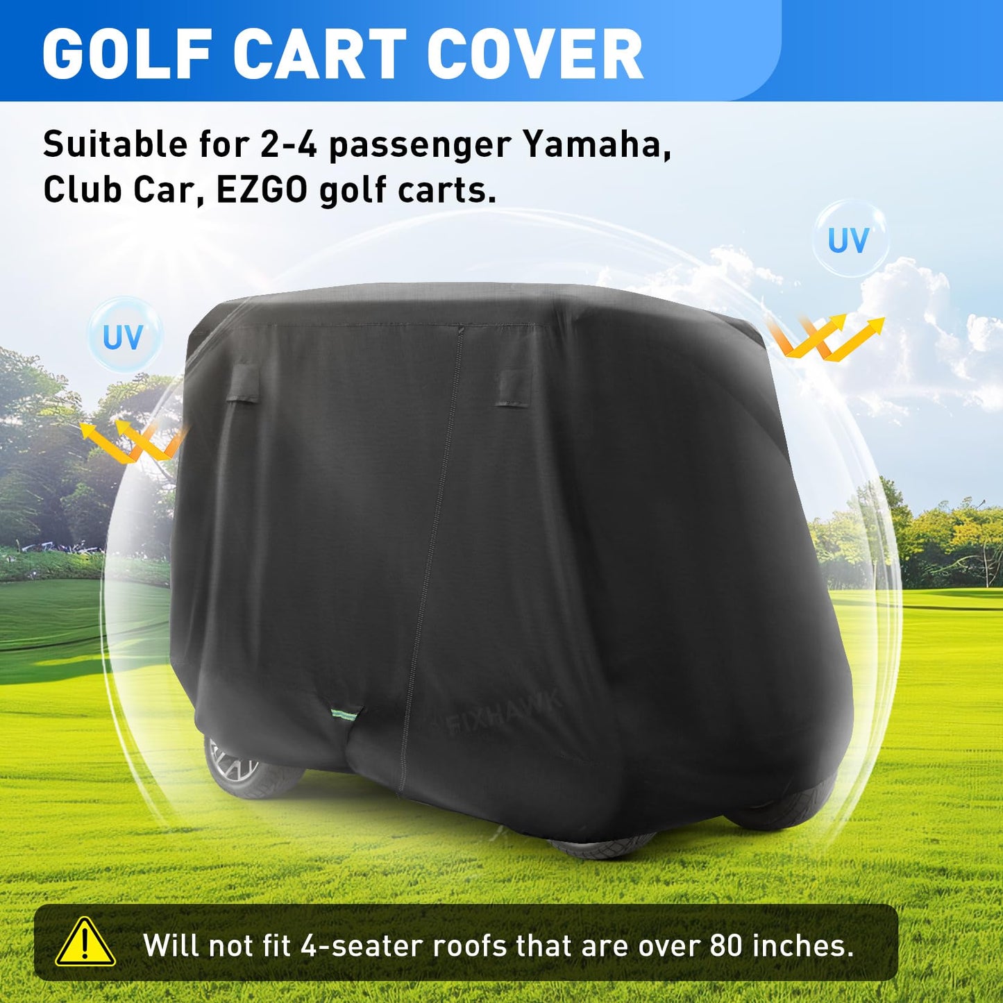 FIXHAWK 2/4 Passenger Golf Cart Cover for Club Car, EZGO,Yamaha Model, 420D PU Oxford Fabrics Waterproof Golf Cart Covers All-Weather Protection Full Cover 3-Zipper (Black)