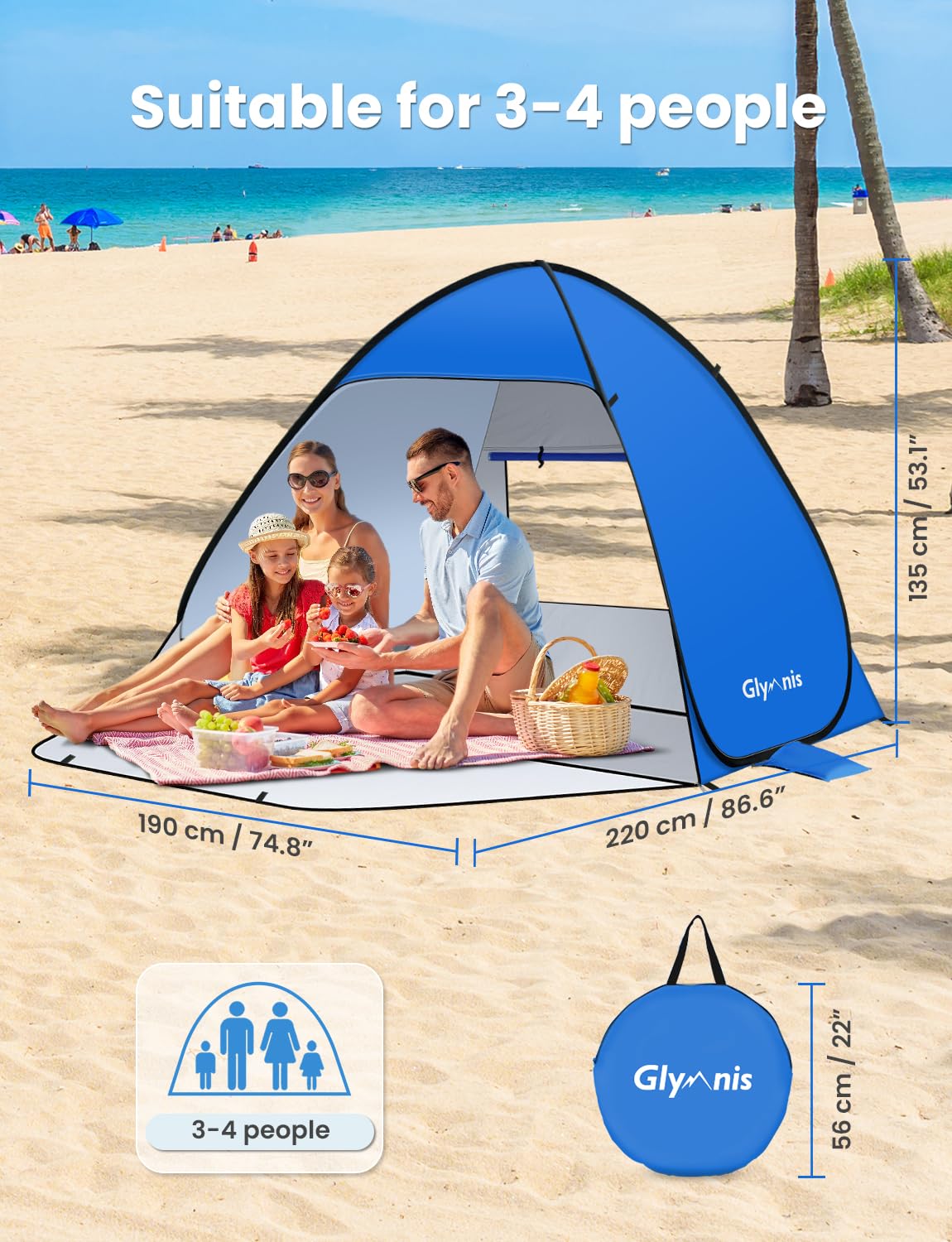 Glymnis Pop Up Beach Tent Instant Portable Sun Shade Shelter (L) 3-4 Persons UPF 50+ with Extendable Floor Zipper Door Automatic Easy Up Tent
