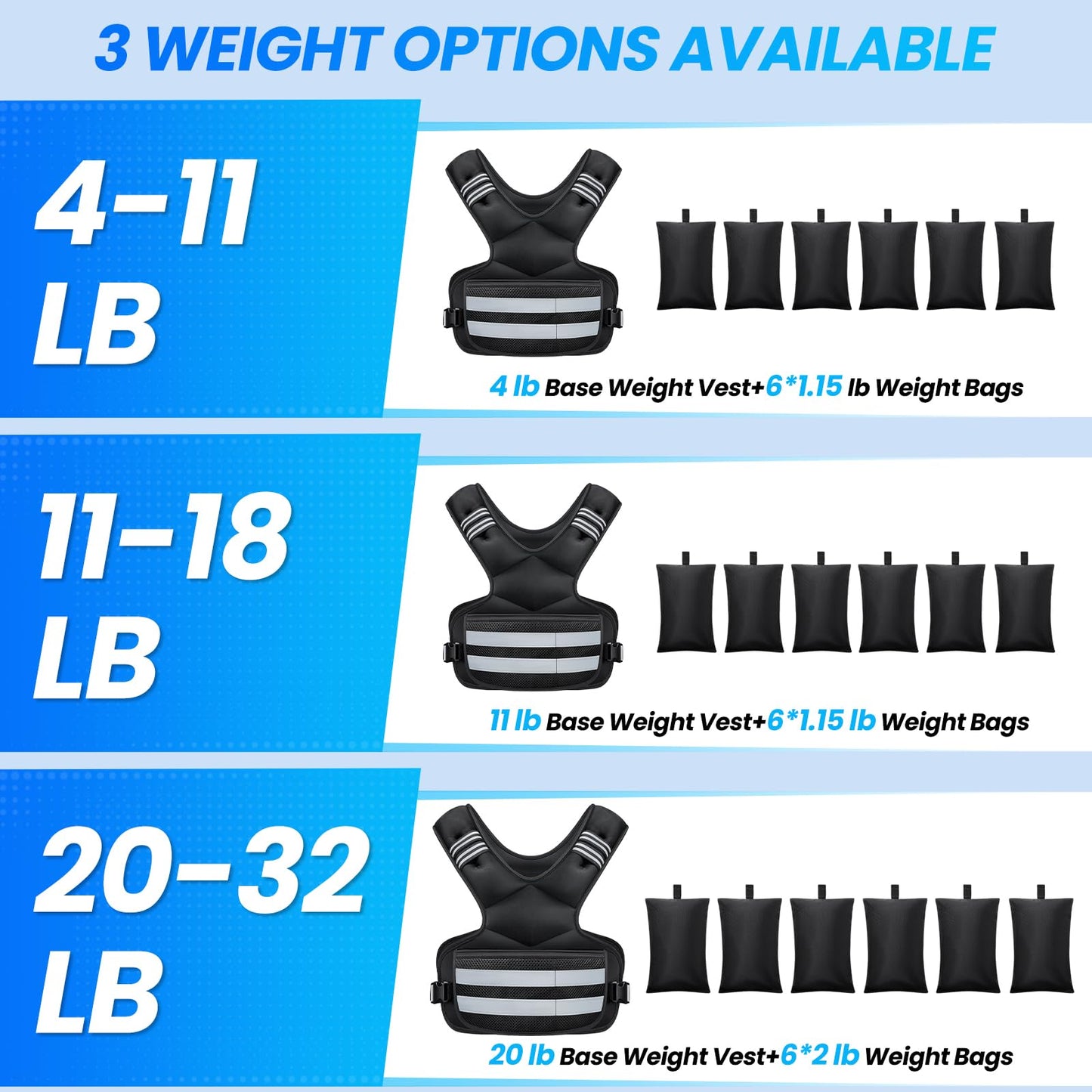 Adjustable Weighted Vest for Women and Men, 11-18lb Rucking Vest with 6 Ironsand Weights, Reflective Stripe and Storage Pocket for Running, Workouts, Strength Training