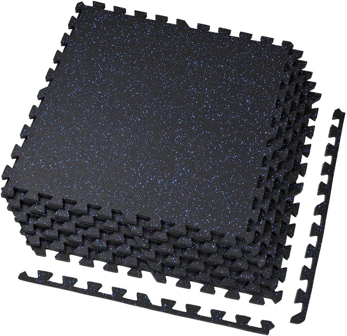 Xspec Interlocking Rubber EVA Foam Exercise Mat - Durable Gym Flooring Tiles | 48 sq ft (12 Tiles) | Black/Blue
