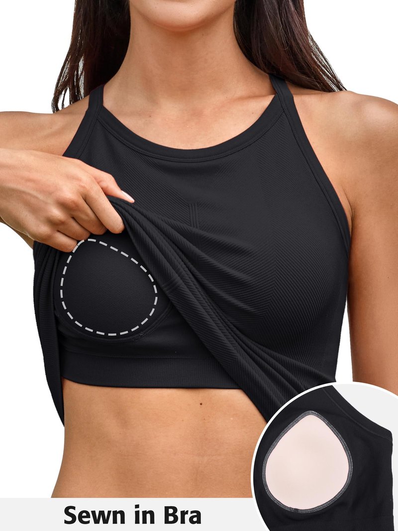 ATTRACO Cami with Built in Bra for Women Athletic Tops Running Basic Sports Bra Tank Tops Crew Neck Racer Back Top Black