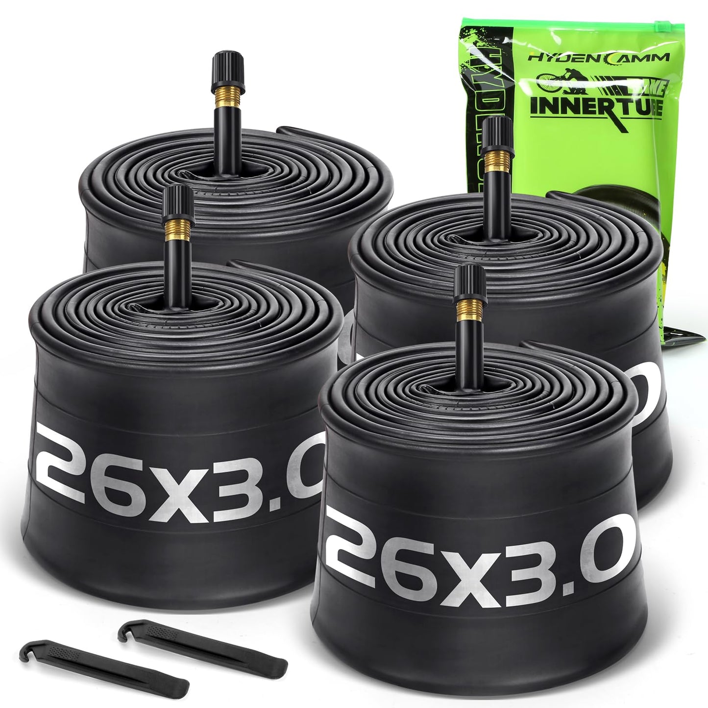 Hydencamm 4 Pack 26x3 Bike Tube, 26 X 3.0/3.50 Bicycle Tube 32mm AV Schrader Valve with 2 Tire Levers, Butyl 26x3 Bike Tire Tube Compatible with 26X3.0 26 X 3.5 for EBike/Electric/Mountain Bike