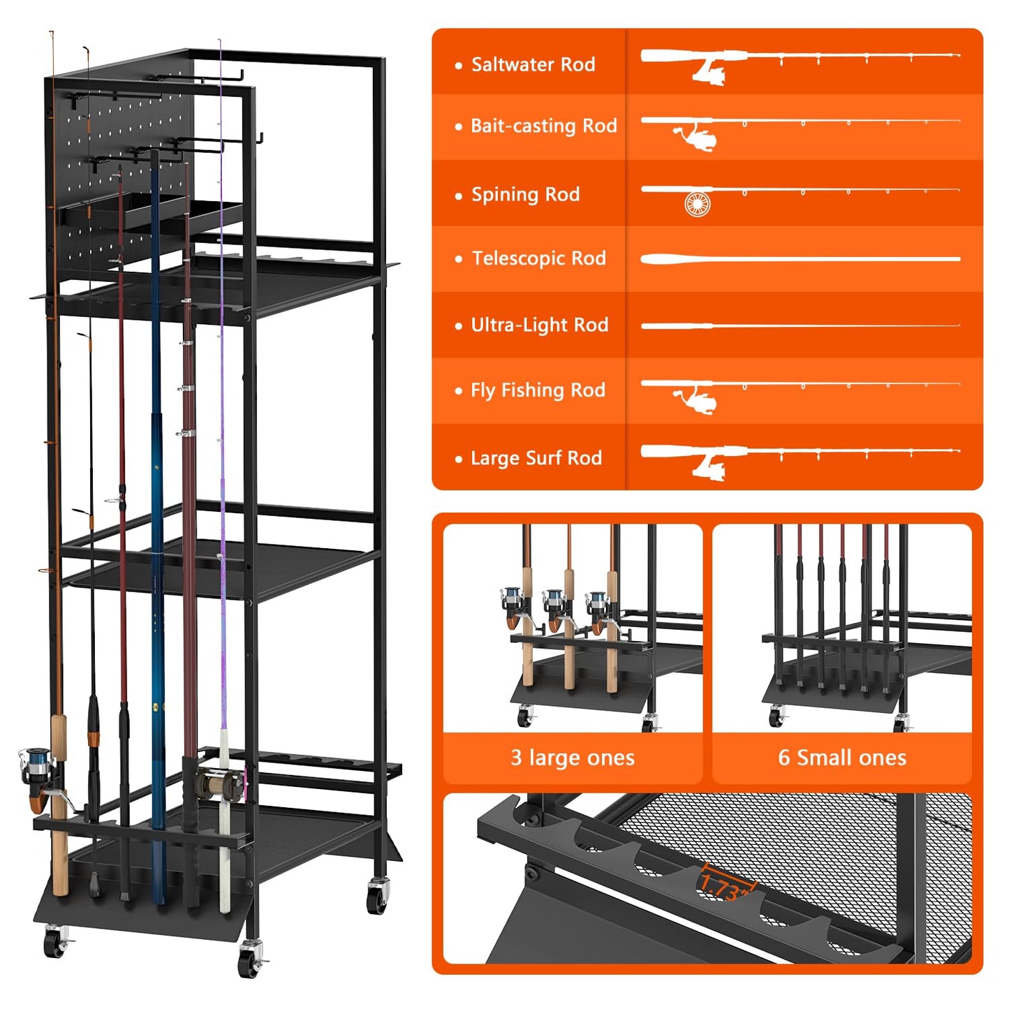 GloCryp 12-Rod Fishing Pole Holders for Garage, 3-Shelf Fishing Rod Holder with Pegboard and Trays, 360° Rotatable, Rolling Fishing Storage Cart with Wheels for Tackle Box & Fishing Gear Organization