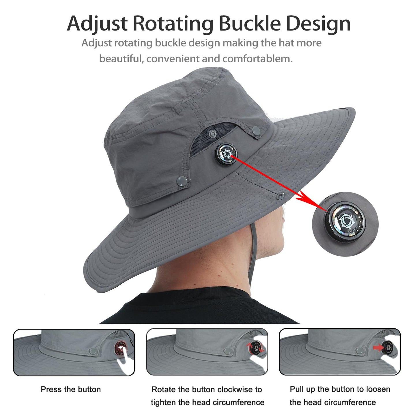 Sireck Men Fishing Hat, Adjust Rotating Buckle Sun Hat, Wide Brim UPF 50+ UV Protection Summer Safari Hat,Bucket Hiking Hat