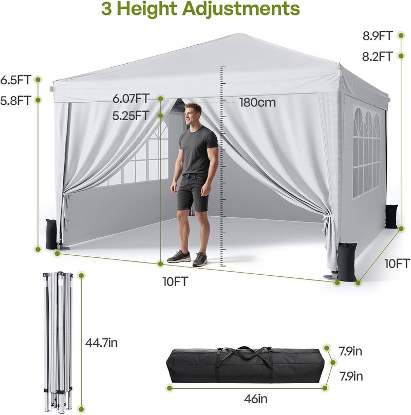 10x10 Pop Up Canopy Tent with Sidewalls - Durable Outdoor Instant Shelter for Events, Camping & Backyard Parties | White