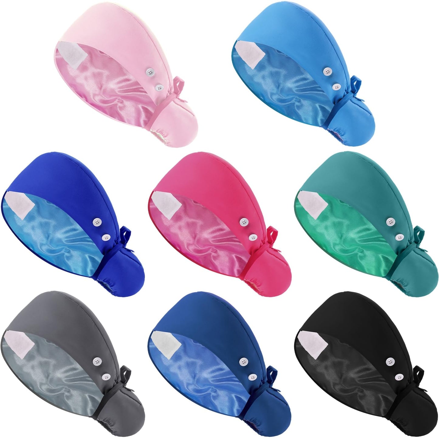 Jamntower 8 Pcs Satin Lined Scrub Caps, Nurse Hats with Buttons Sweatband, Adjustable Ponytail Surgical Caps for Women(Multicolor,Simple)