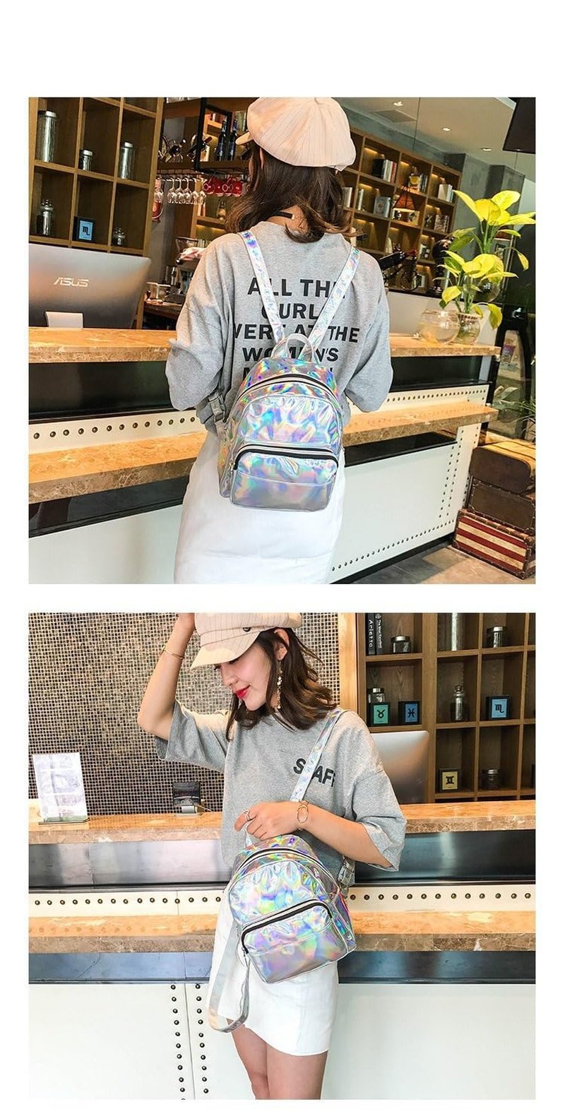 MOSSTYUS Small Holographic Rainbow Shoulder Bag Metallic Satchel Shiny Travel Daypack for Women Men Lady