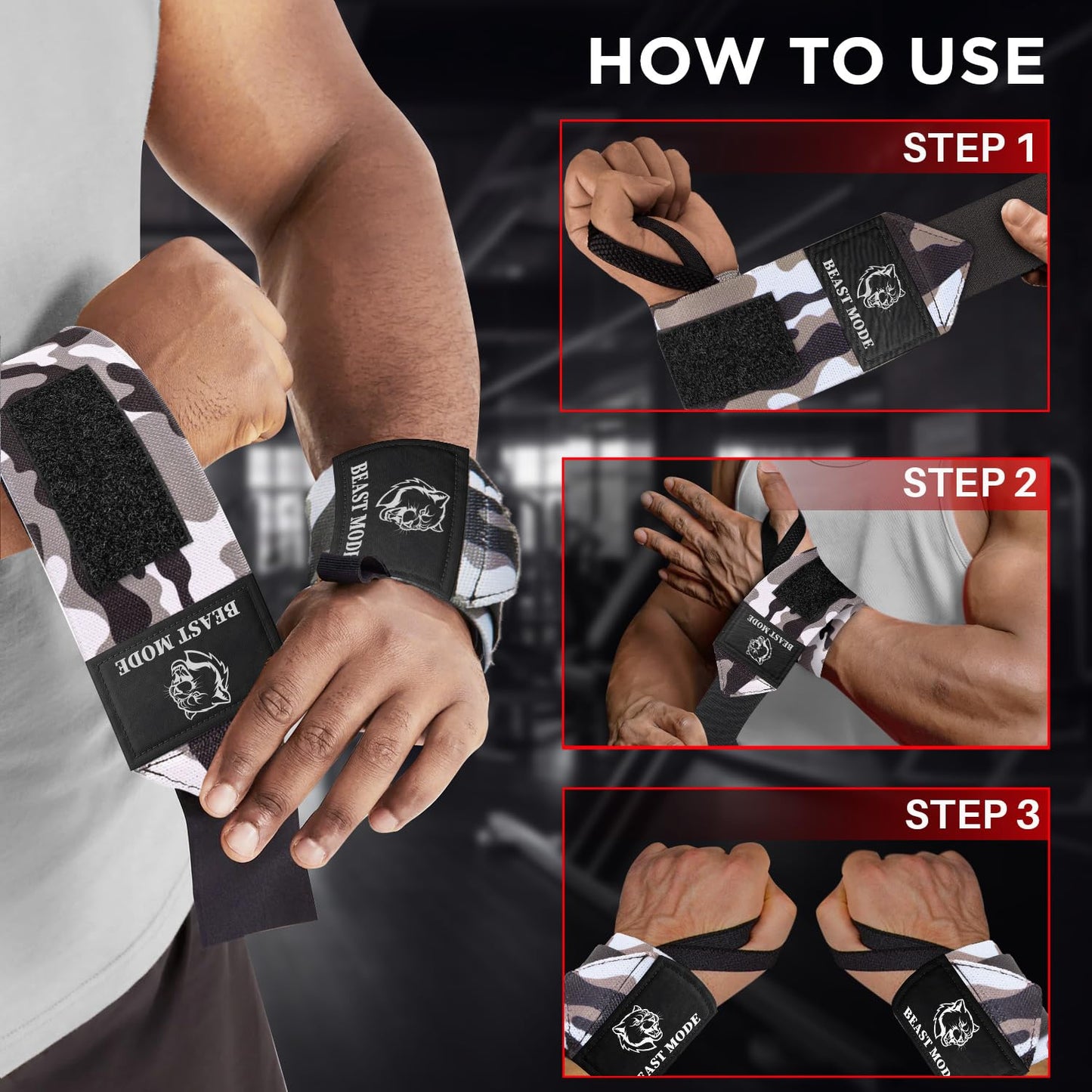 TECEUM Weightlifting Wrist Wraps with Thumb Loop – Black Camo – Arms on Fire – 12 inch – Heavy-Duty Workout Wrist Support & Protection – Ideal for Powerlifting, Strength Training, Bodybuilding