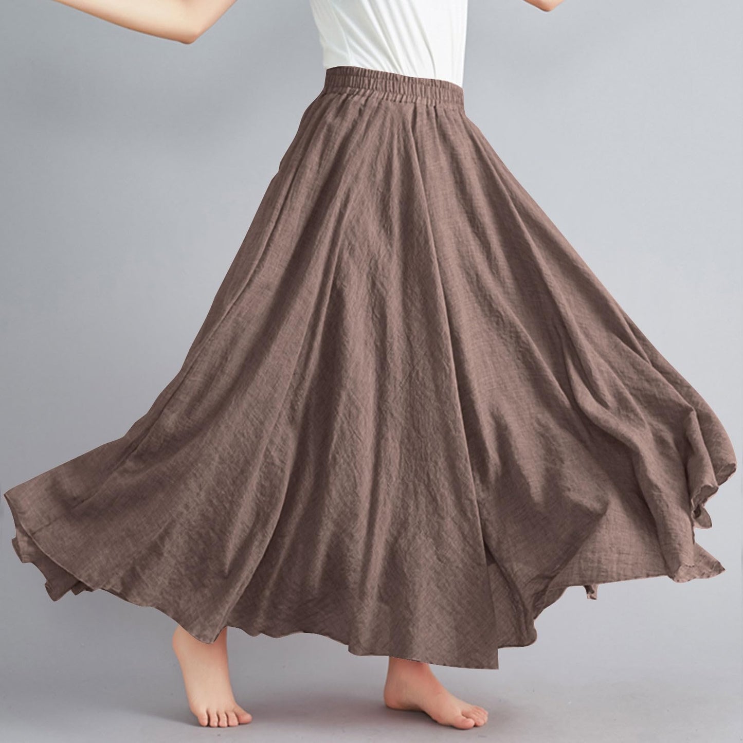 Womens Linen Maxi Skirts Summer Boho Solid Beach Elastic High Waist Pleated A-Line Flowy Swing Long Maxi Skirts Coffee