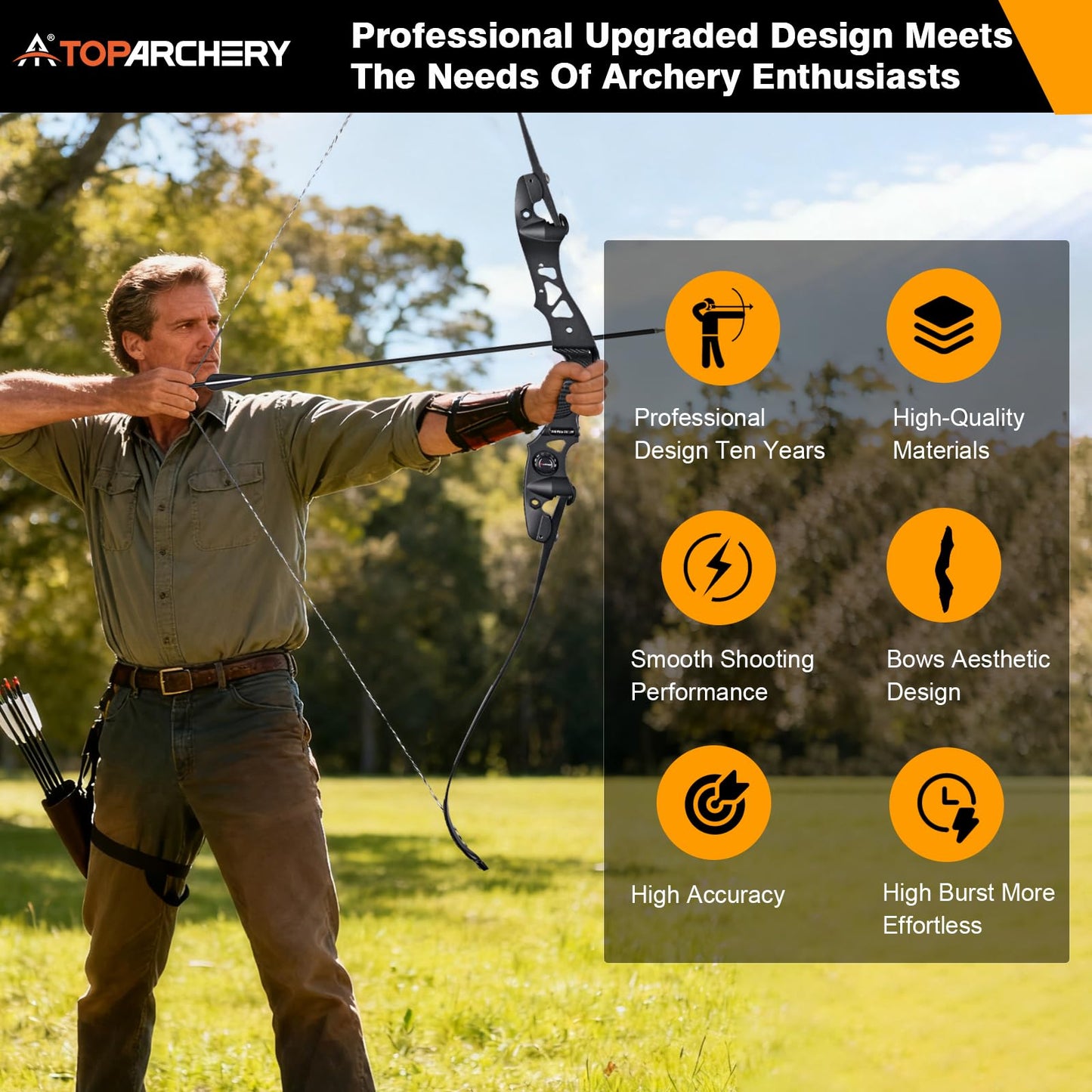 TOPARCHERY 62" Black Hunter Recurve Bow, ILF Interface Shock Absorption Takedown Hunting Recurve Bow for Adult & Youth Beginner, Longbow Archery Set for Outdoor Target Hunting Practice-40LBS-Black