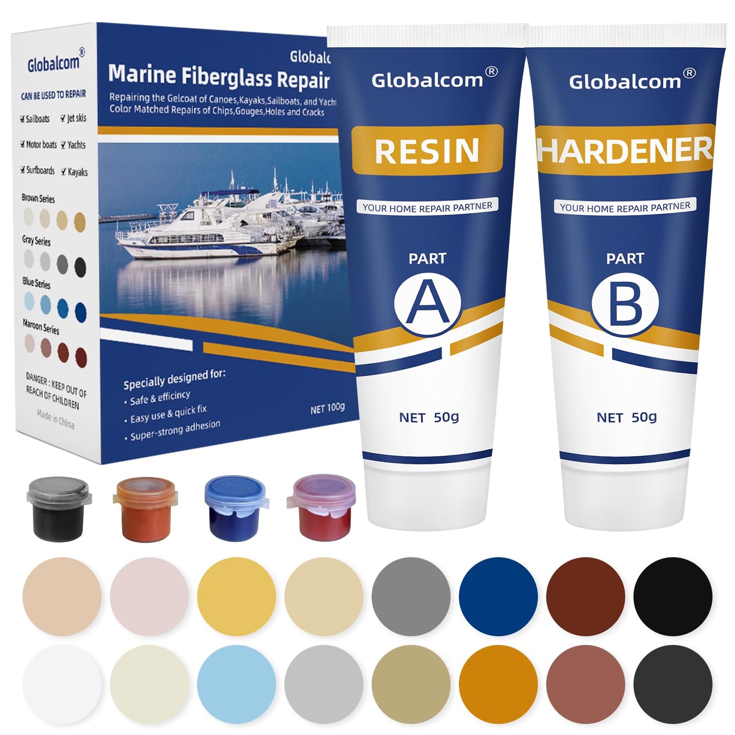 Globalcom Fiberglass Boat Repair Kit, (Color Match) Gel Coat Repair Kit for Boats, Marine Fiberglass Repair Kit for Boats, Epoxy Filler for Boats, Fiberglass Repair Kit Fix Holes Chips Pit Cracks