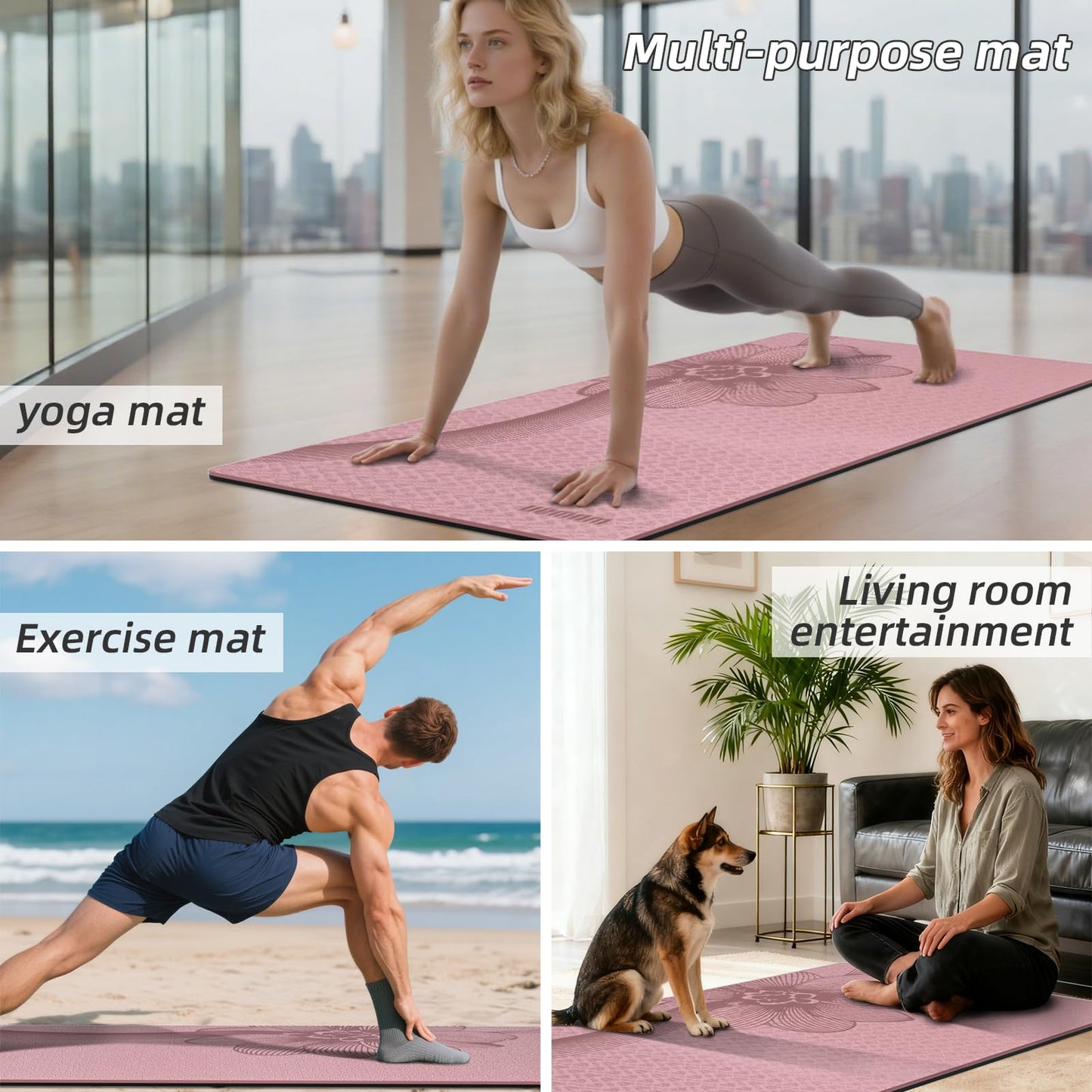 WUWAN Large Exercise Mat | 10mm Thick TPE Non-slip Gym Mats, Carrying Strap