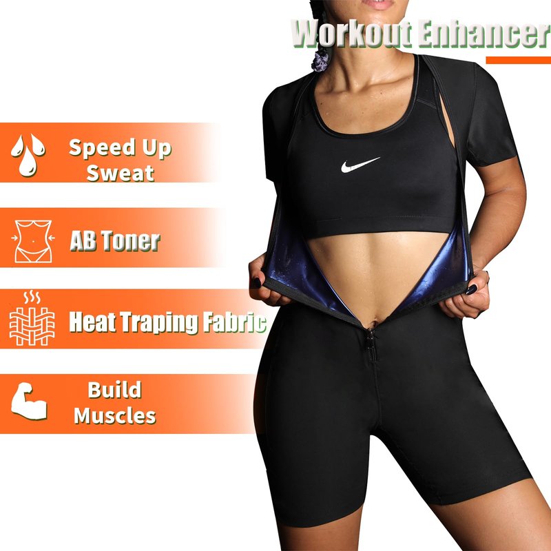 BODYSUNER Sauna Suit for Women Sweat Vest Full Body Waist Trainer 3 in 1 Slimming Shaper Workout with Sleeve Shorts XL