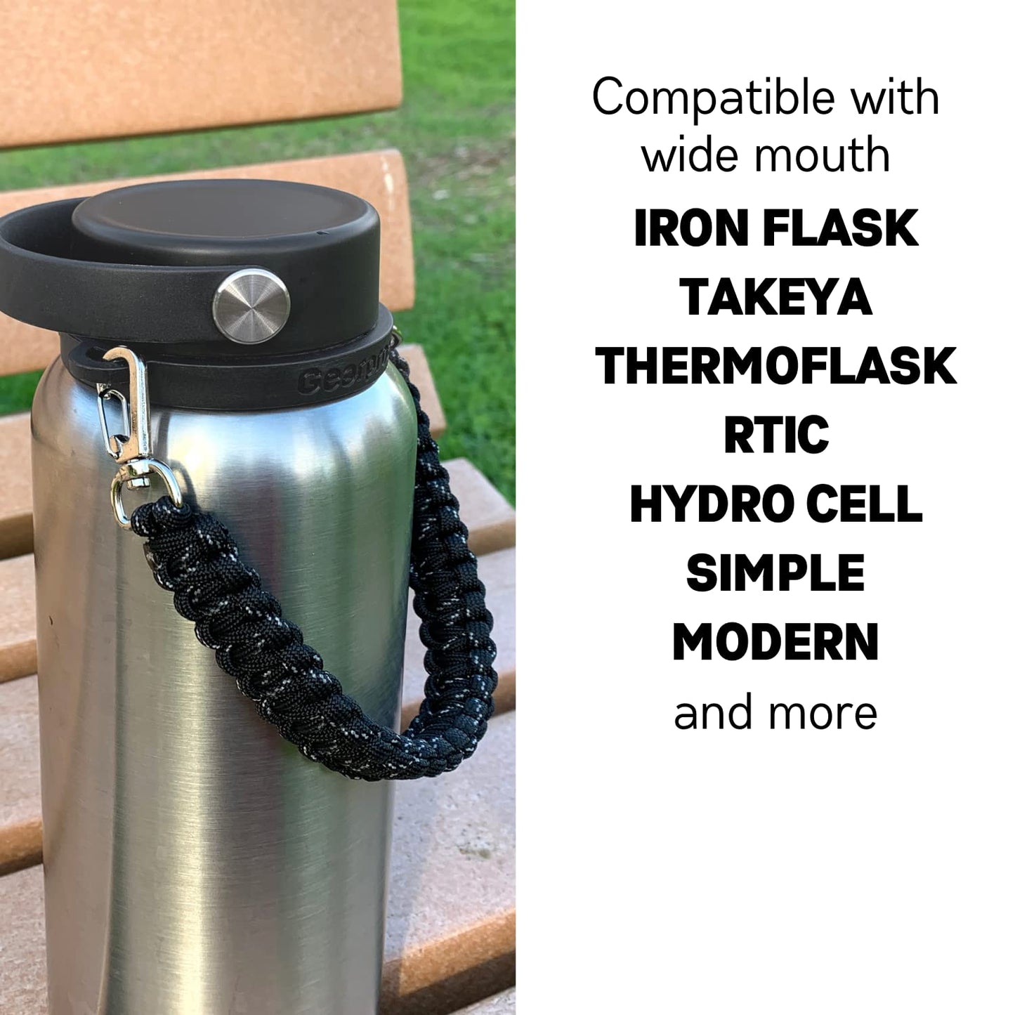 Gearproz HydroCord 2.0 Handle with Wide Mouth Ring and Carabiner, Compatible with 12-40 oz Water Bottles, Hydroflask 1.0, Iron Flask, Thermoflask, NOT for Lid with Loop (Black)