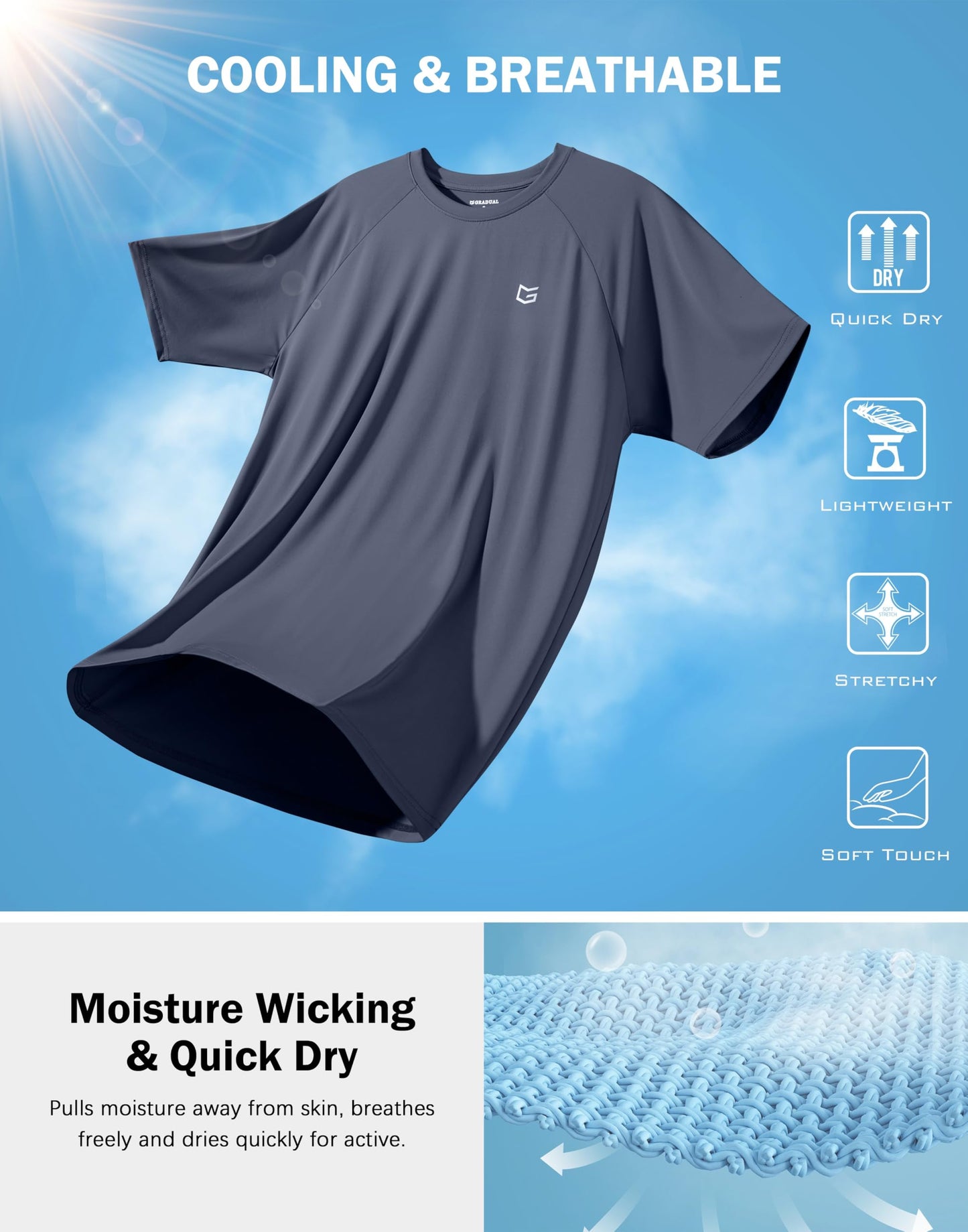 G Gradual Men's Athletic Workout T-Shirts Moisture Wicking Cooling Running Shirts Short Sleeve Performance Tee for Gym Tennis(Dusty Blue,L)