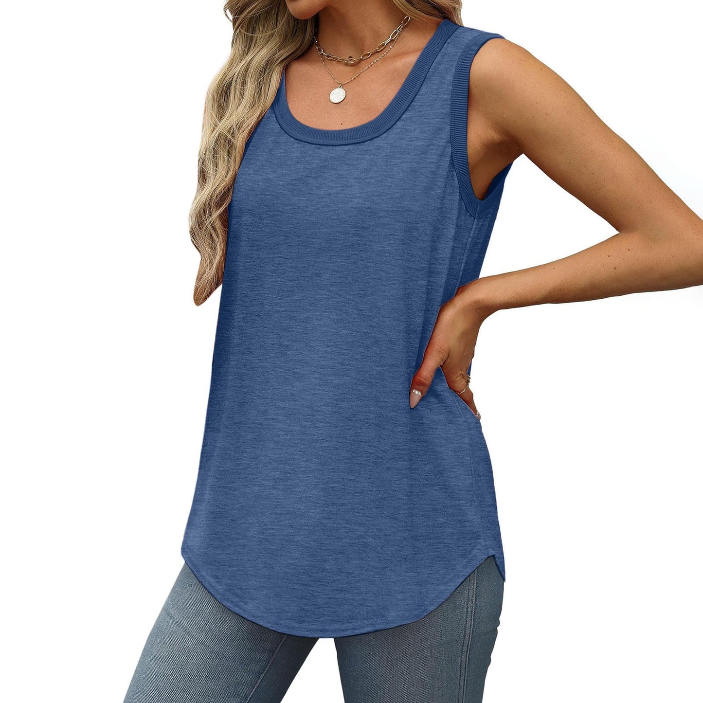 Borniu Womens Tank Tops Summer Loose Sleeveless Tops Scoop Neck Curved Hem Casual Flowy Shirt 2024 Outfits Clothes Blue