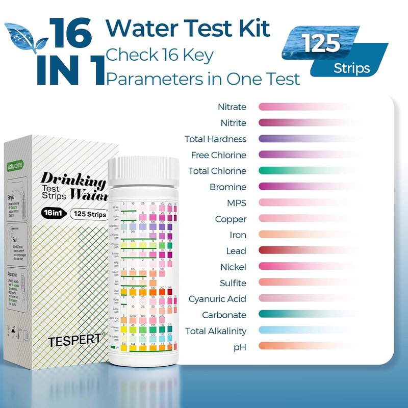 Drinking Water Test Strips - 16-in-1 Quick Screening for Hardness, pH, Iron & More | 125 Count