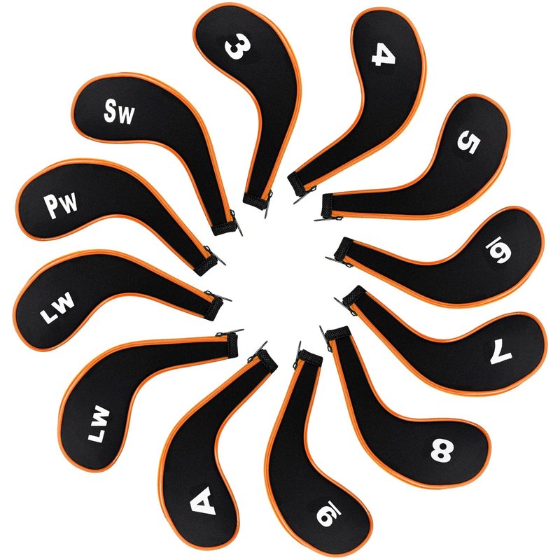 Golf Club 12pcs Thick Synthetic Zipper Long Neck Set Headcover Fit The Most Brands, Side Number Golf Iron Club Head Cover LW SW PW Covers #3,4,5,6,7,8,9