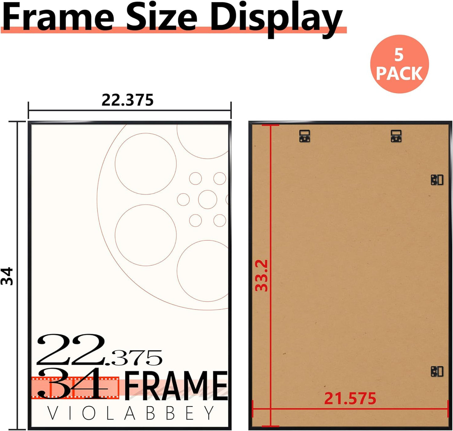 VIOLABBEY Black Poster Frame Set of 5 - 22.375 x 34 Inch Wall Mounting for Vertical or Horizontal Display