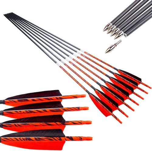 Pinals Archery Traditional Arrows 300 400 500 600 Spine Turkey Feather 32 Inch Carbon Shafts for Recurve Bow Longbow Hunting Targets 12PCS Spine 400