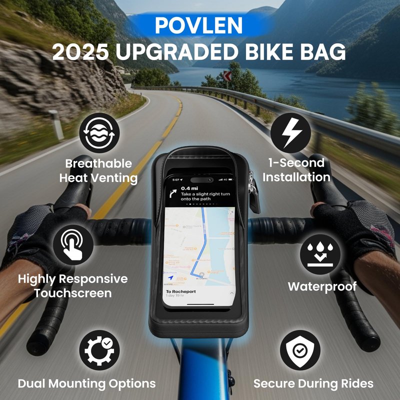 Povlen Waterproof Bike Frame Bag with Phone Holder, No Bounce Top Tube Bike Bag for Easy Access While Riding, Touchscreen Cycling Bag for Commuting, Road & MTB