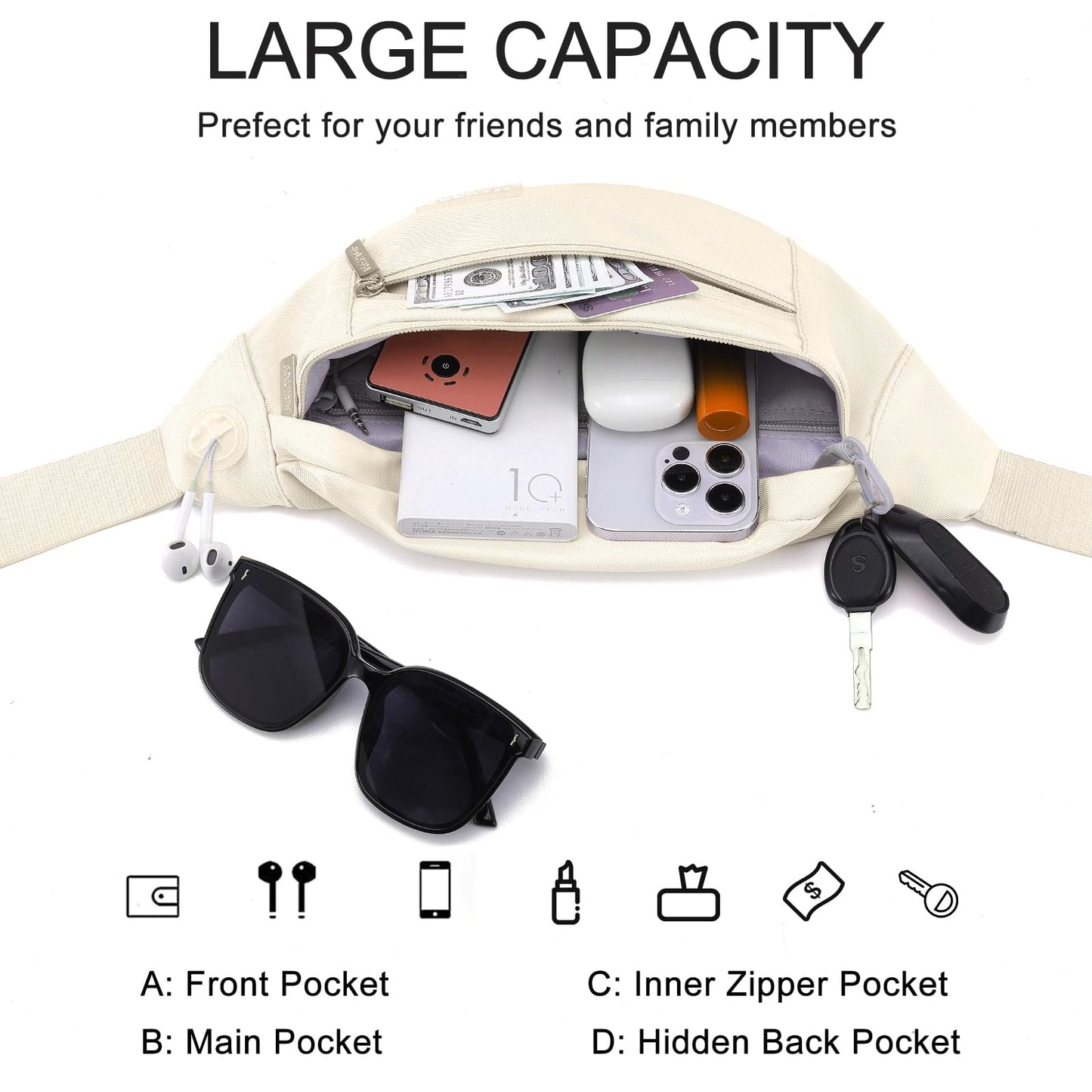 MAXTOP Large Crossbody Fanny Pack with 4-Zipper Pockets,Gifts for Enjoy Sports Festival Workout Traveling Running Casual Hands-Free Wallets Waist Pack Phone Bag Fits All Phones