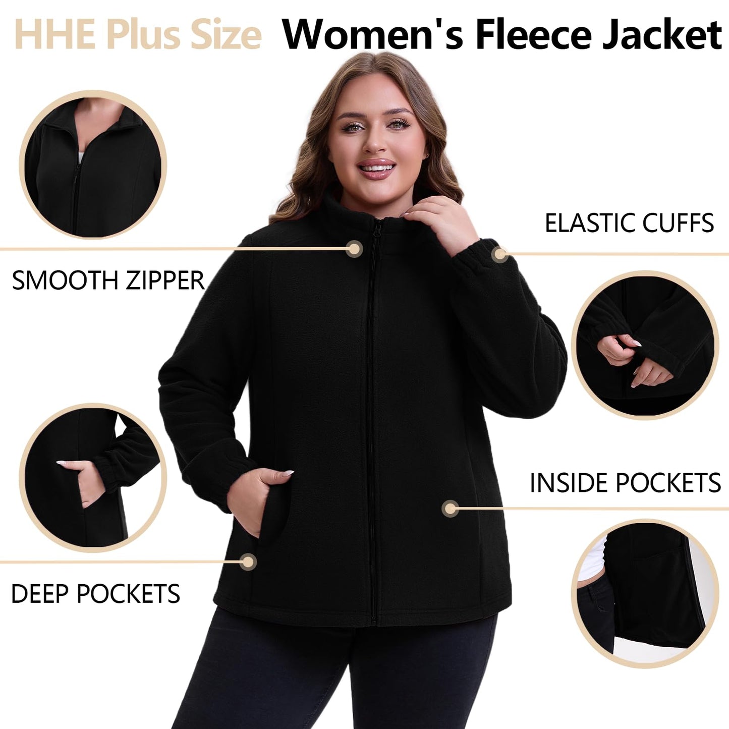 HHE Women Plus Size Fleece Jacket Zip Up Lightweight Soft Polar Fleece Jacket (Black, 2X)