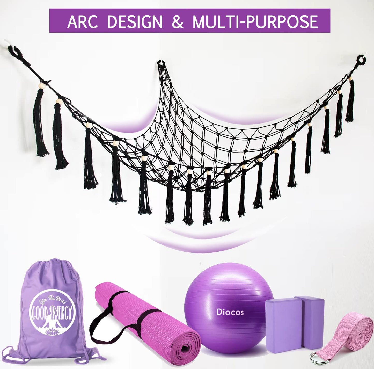 Diocos Exercise Ball Holder Yoga Ball Rack Corner Hanging Storage Net or Hammock Macrame for Fitness Ball,Balance Ball,Pregnancy Stability Ball Organizer for Yoga Studio and Gym