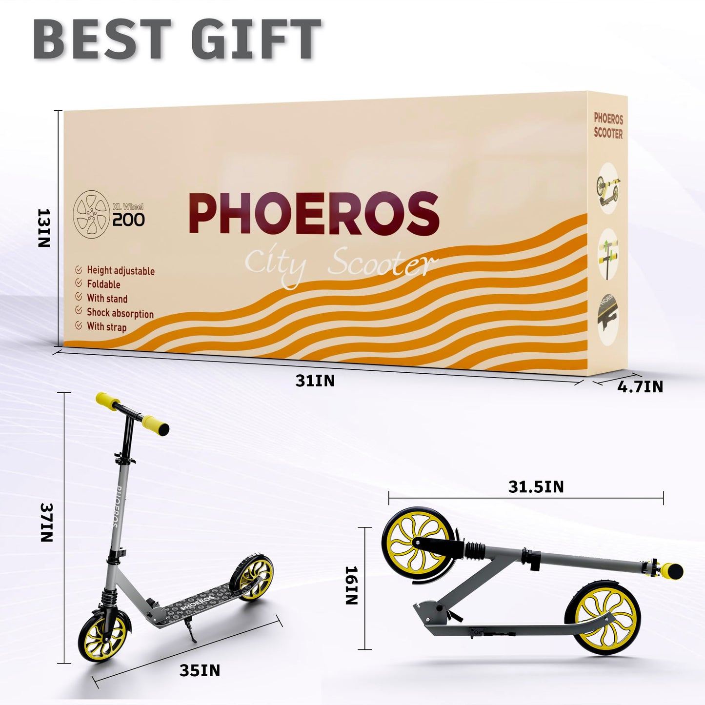 PHOEROS Kick Scooter for Kids Ages 6-12,Teens & Adults, Youth. Lightweight Aluminum Kick Scooter for Teens Adults Boys Girls with 8 inch Big Wheels, Foldable, 3 Height Adjustable, Shock Absorption.