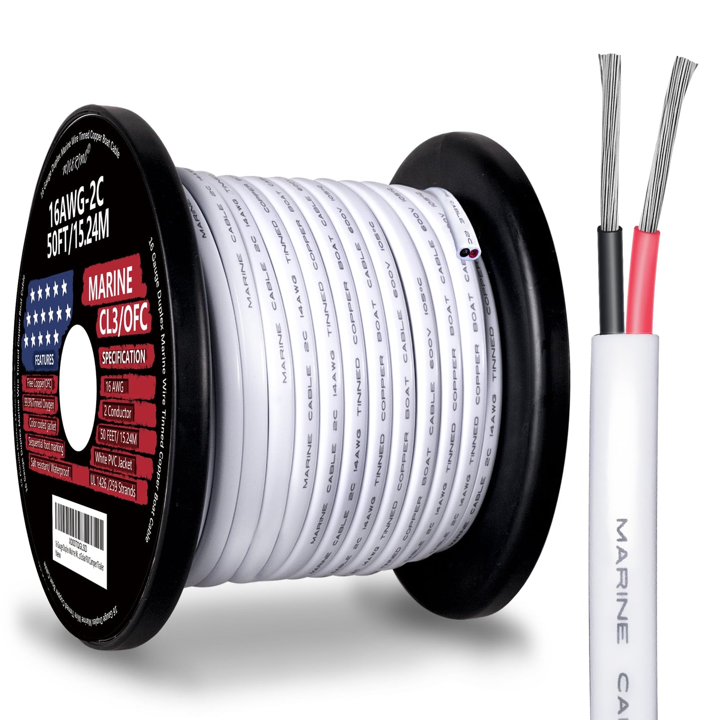 16 Gauge Duplex Marine Wire Tinned Copper Boat Cable, 50ft 16 AWG Standard USA OFC Oxygen Free Copper Wire for Outdoors/Automotive/Boat/Speakers/Solar/RV/Camper/Trailer